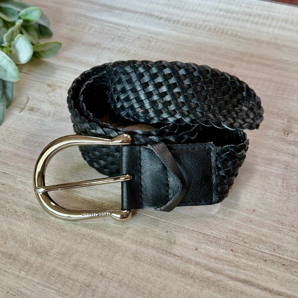 Michael Kors Black Woven Braided Genuine Leather Belt Silver Buckle Large